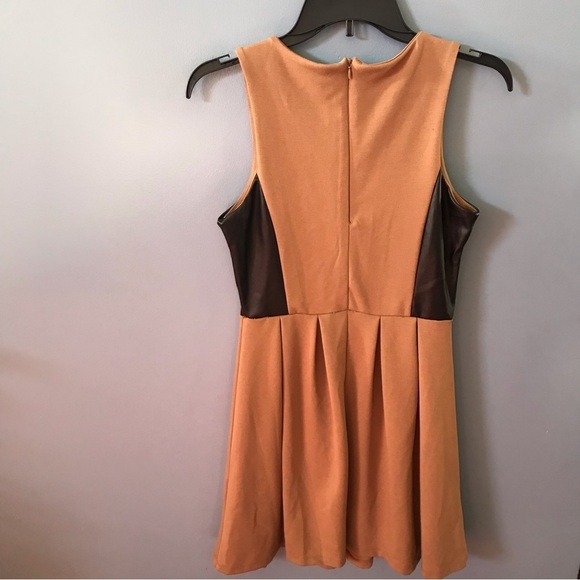 Leo meets Virgo camel/tan sleeveless plated dress with faux leather accents - Picture 2 of 9